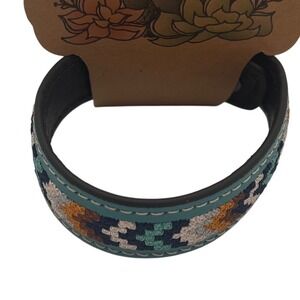 Turquoise Leather Southwestern Embroidered Cuff Bracelet Boho Western Cowgirl